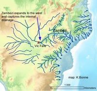 De Zambezi kaapt de riviernetwerken van het binnenland.