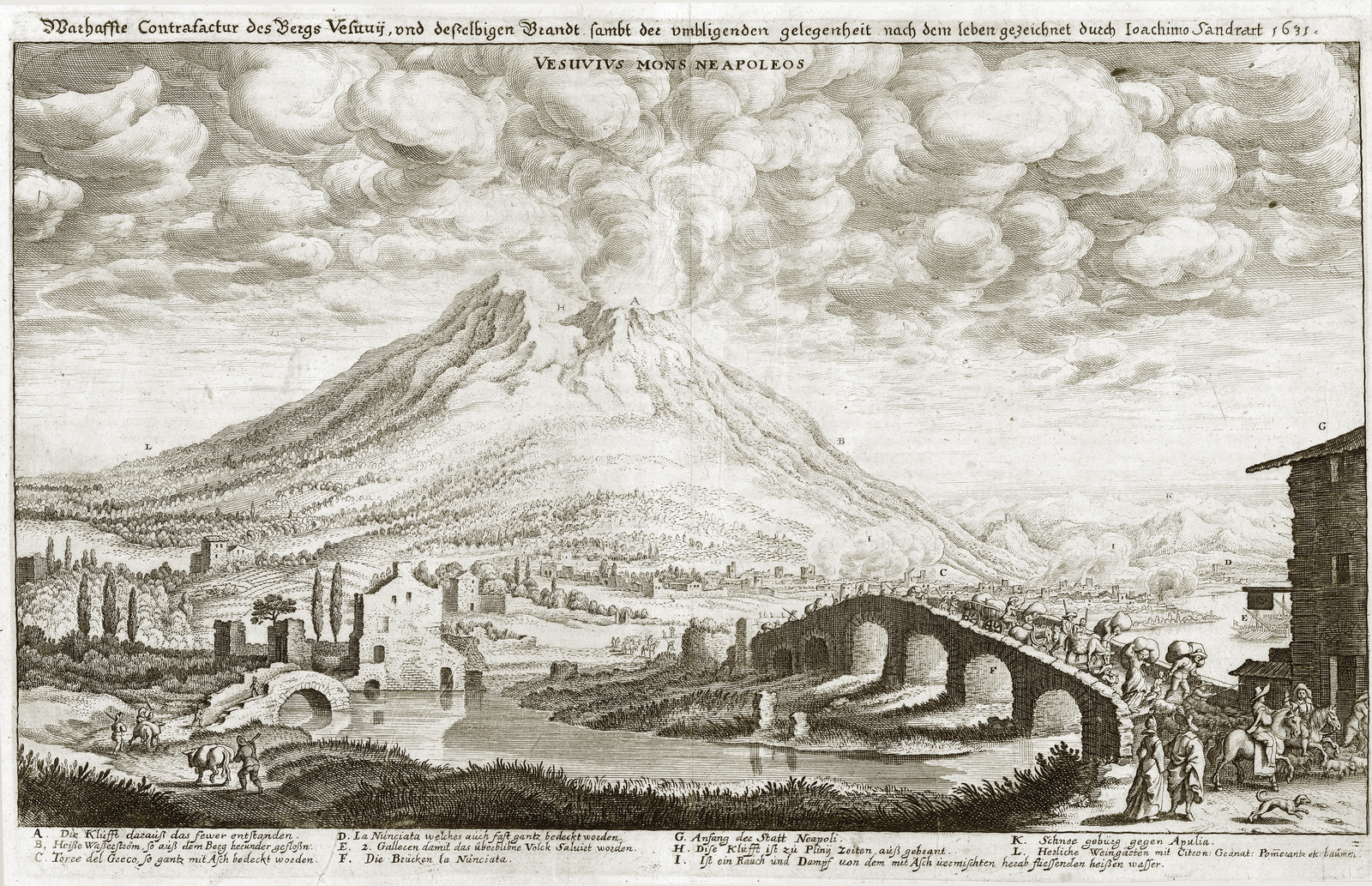 Maddalena-brug en uitbarsting van de Vesuvius in 1631, gravure door Merian naar een tekening van Sandrart.