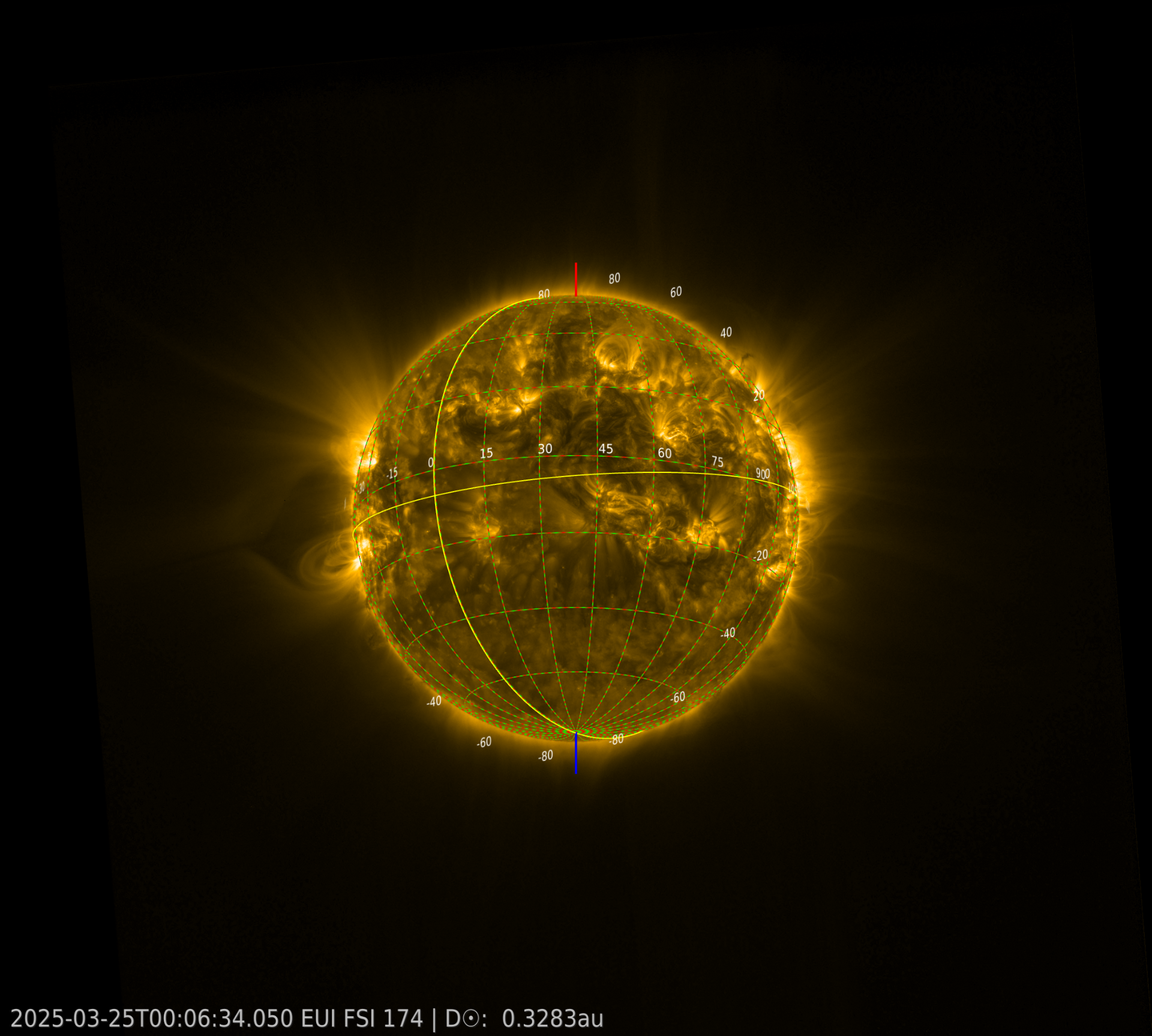 Tilted sun, March 2025, showing extrem ultraviolet light. (UEI, ESA).