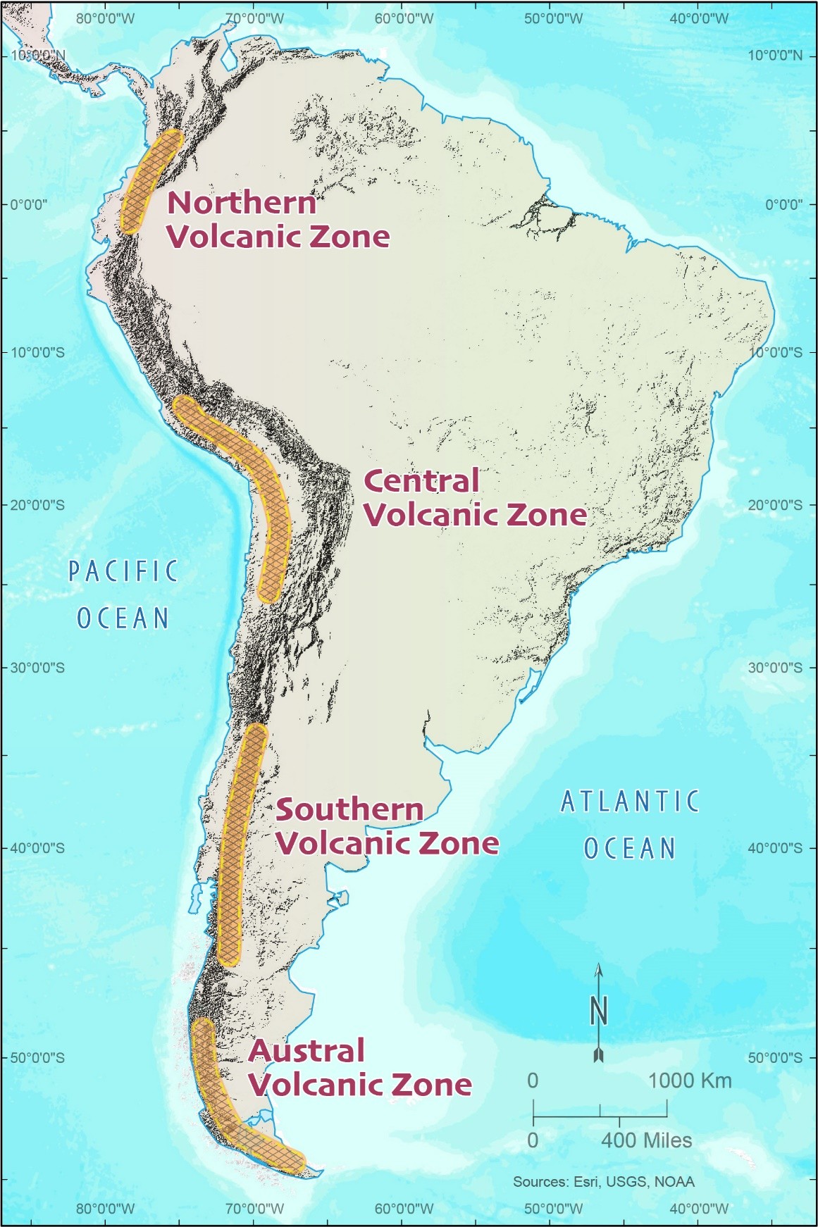 Map of four volcanic zones along the Andes Mountains (modified from Ramos and Aleman, 2000, Figure 26)
