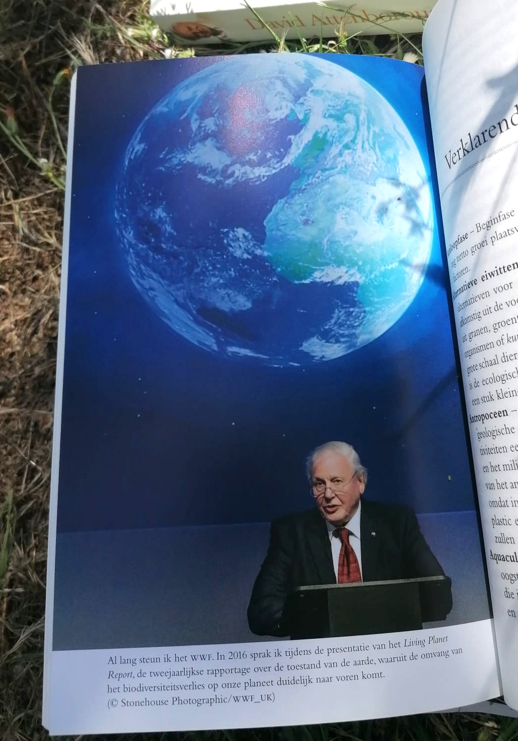 Page from the book "A Life on our Planet". David Attenborough speaking in 2016 at Living Planet Report.