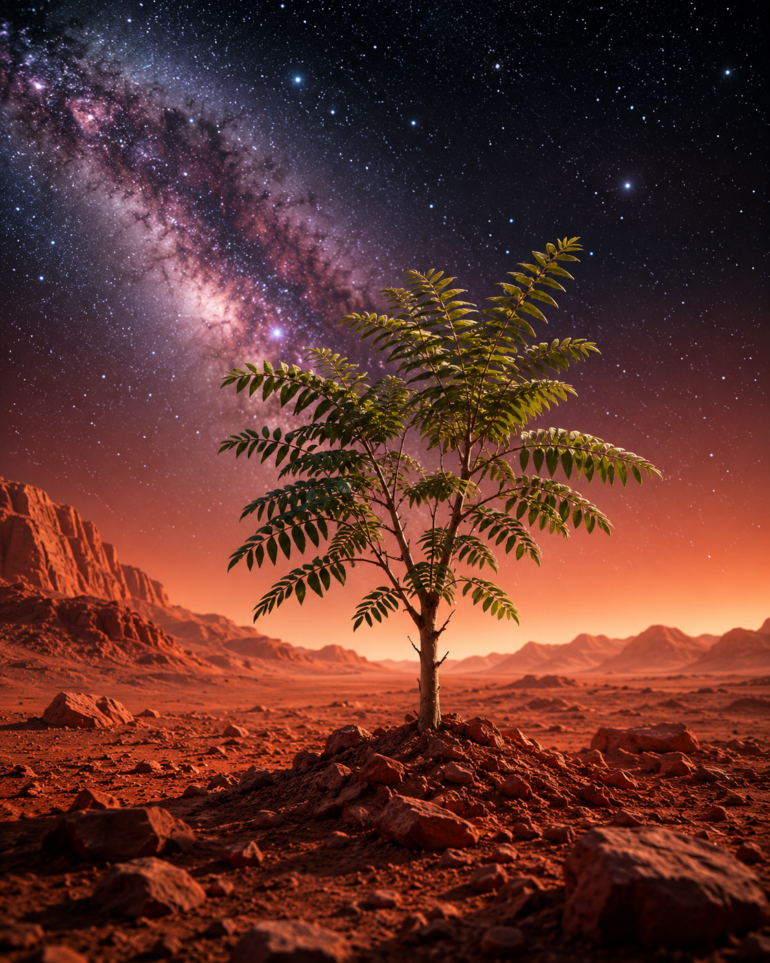 Echte pioniers, die hemelbomen. Ruimtemaatschappijen kunnen ze gebruiken voor terraforming: andere planeten klaarstomen voor menselijke bewoning. (OpenAI, Kathelijne Bonne)